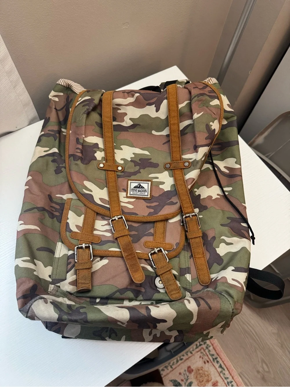 Steve Madden Camo Canvas Backpack with Brown Suede Straps